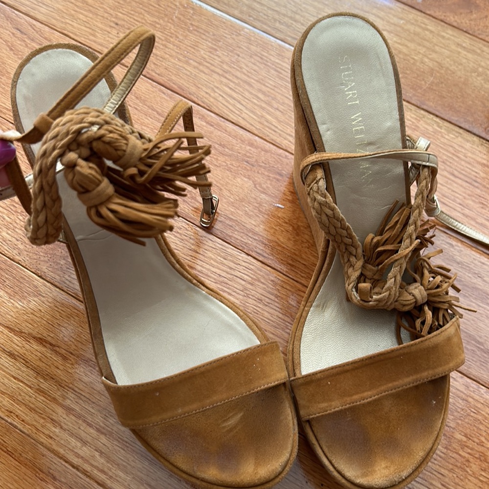 Stuart Weitzman brown suede wedge heels with criss cross braid detail - Picture 2 of 6